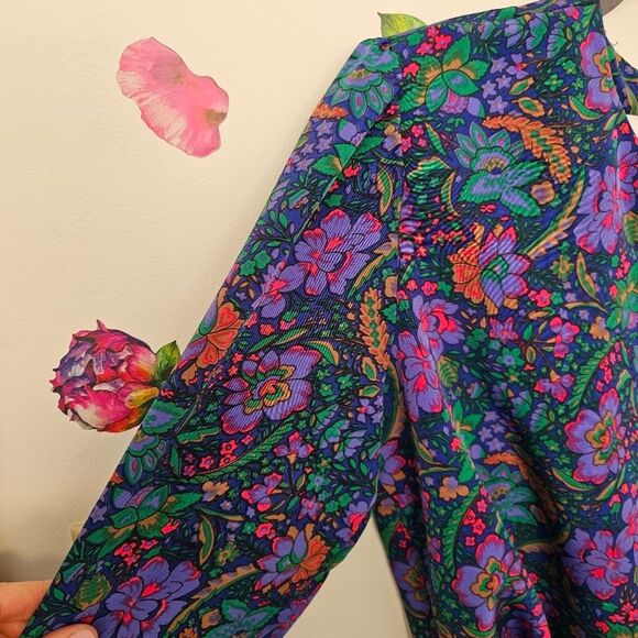 Vintage Retro Floral Purple Long Sleeve Midi Dress Shoulder Pads Sash Belt Sz 12 - Picture 8 of 8